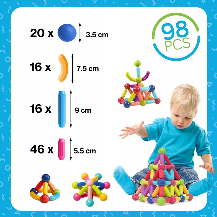 DUŻE KLOCKI MAGNETYCZNE KONSTRUKCYJNE EDUKACYJNE STICKS PATYCZKI XXL 98 ele