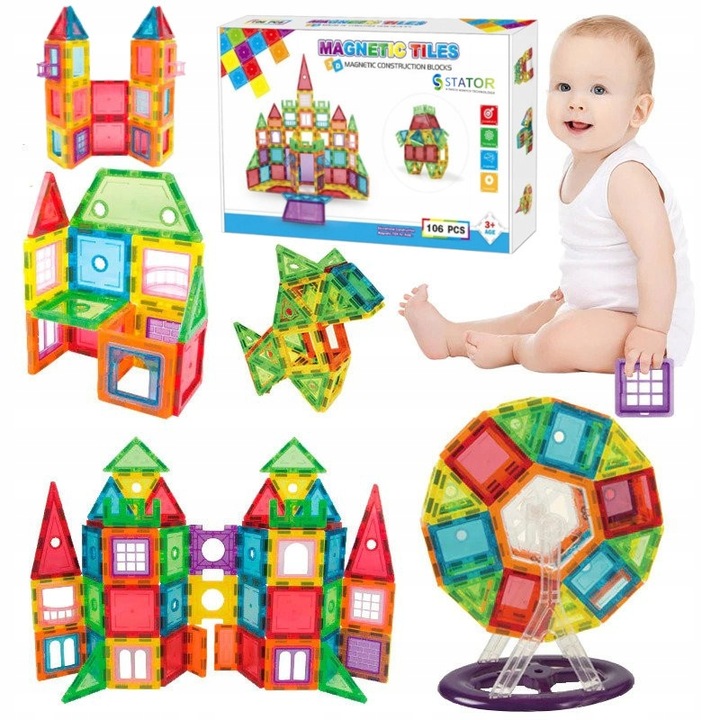 Klocki Magnetyczne Duże Konstrukcyjne 3D Magnetic Tiles Zestaw 106 element.