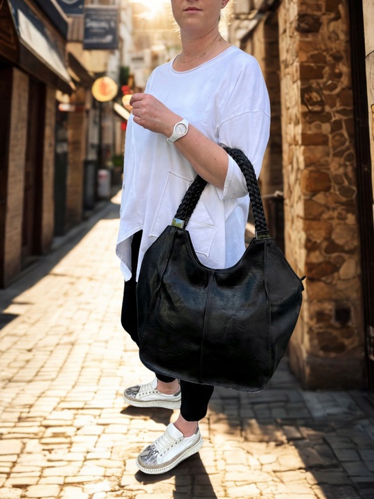 CZARNA TOREBKA plecione rączki torba worek shopper miękka skóra A4