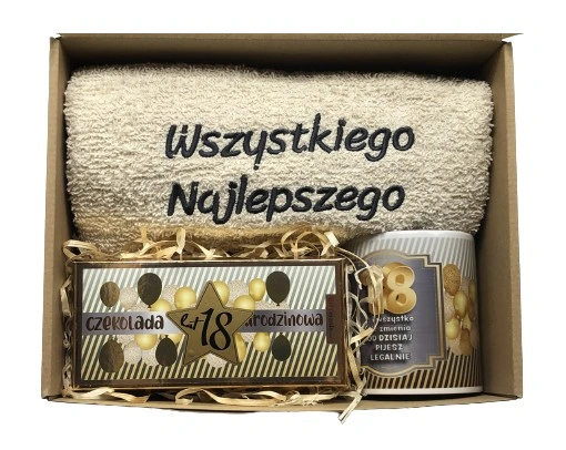 PREZENT NA URODZINY 18-70 Zestaw Kosz Prezentowy Ręcznik Kubek Czekolada