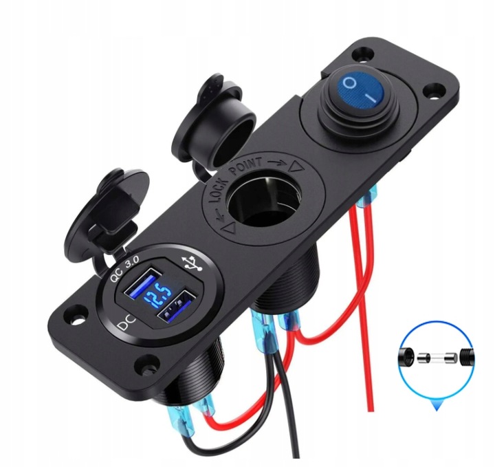 GNIAZDO ZAPALNICZKI Ładowarka USB 2xQC 3.0 WOLTOMIERZ PANEL 3 12/24V Kable