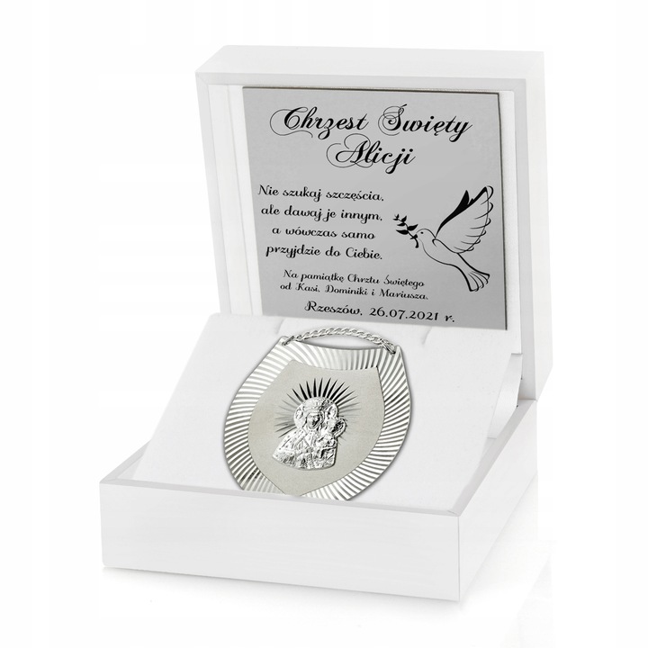 Srebrny Ryngraf Matka Boska na Pamiątkę Chrztu Świętego Grawer dla Dziecka