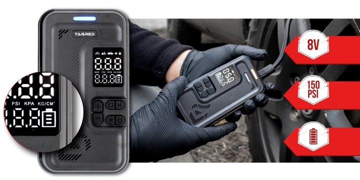 KOMPRESOR SAMOCHODOWY Pompka Elektryczna Sprężarka do kół 8V 4000mAh LCD