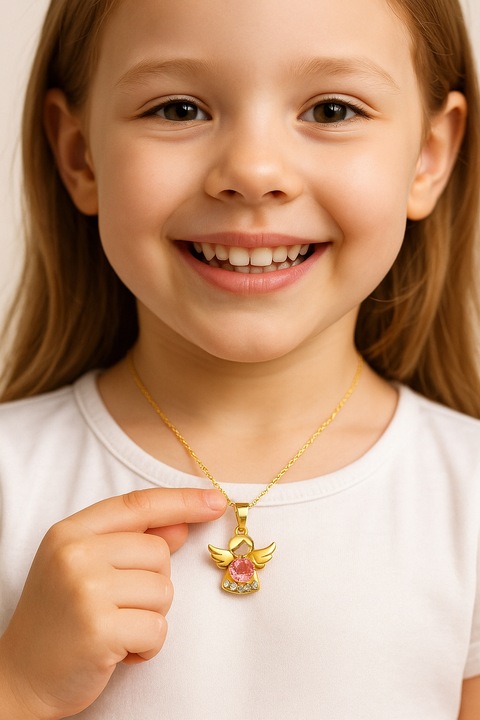 Złoty Łańcuszek z Aniołkiem 925 Anioł Róż Chrzest Komunia Roczek Grawer