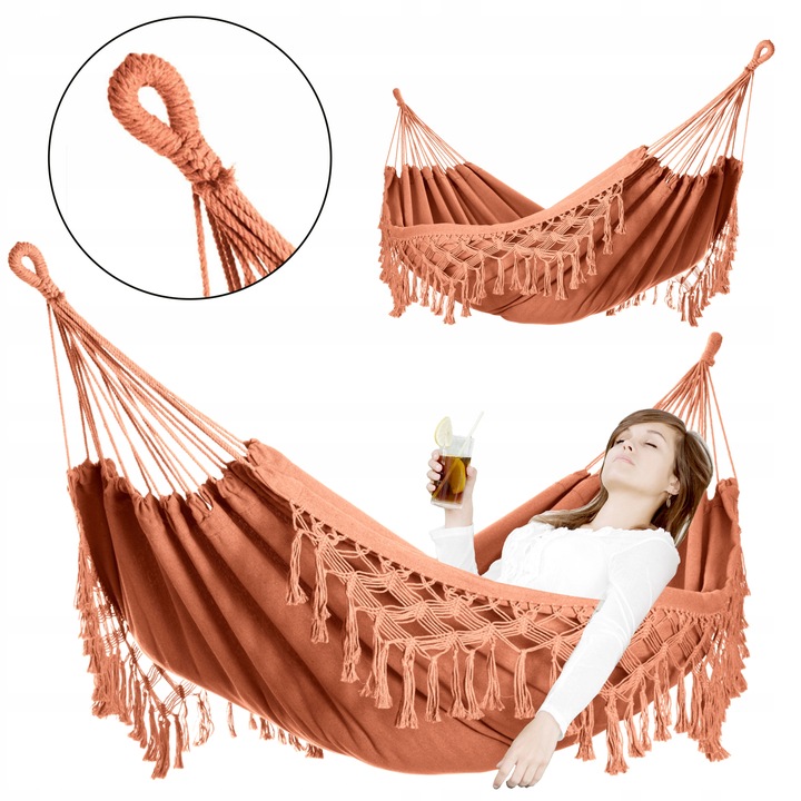 DUŻY DWUOSOBOWY MOCNY HAMAK OGRODOWY BOHO MAKRAMA MIDAS 150x200 XXL KARMEL