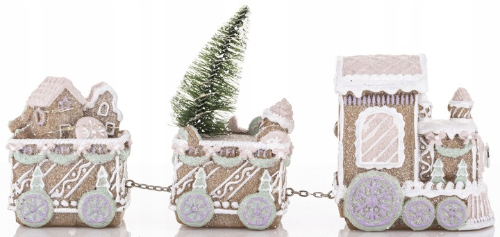 FIGURKA POCIĄG ŚWIĄTECZNY PIERNIKOWY LED WAGONY Z OŚWIETLENIEM 13x29,5x7 CM