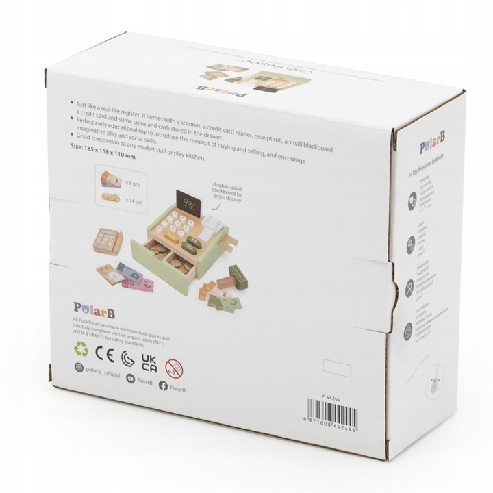 Drewniana kasa sklepowa PolarB w kolorze zielonym z terminalem i gotówką