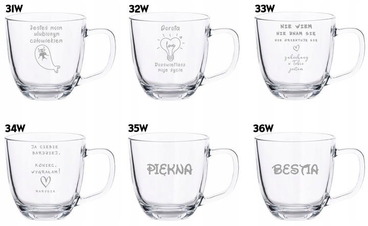 2 Duże Szklane Kubki Grawer LOGO 420ml Prezent dla pary Walentynki WZORY