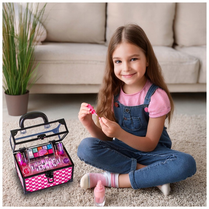 KUFEREK KOSMETYCZKA DLA DZIEWCZYNKI CIENIE LAKIERY TIPSY SZMINKA +BIŻUTERIA