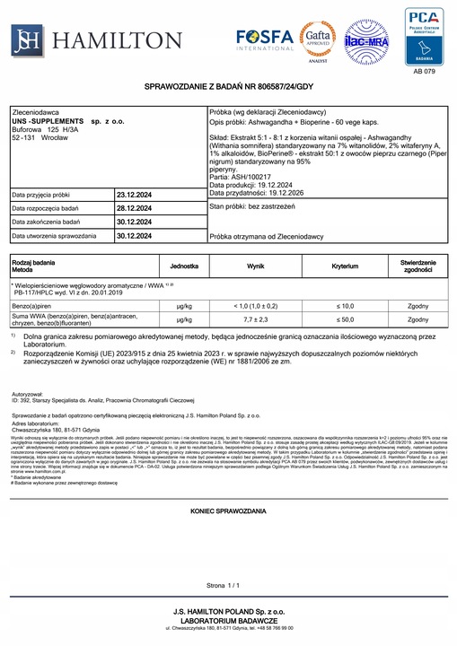 ASHWAGANDHA WITANIA OSPAŁA 570 MG 60 KAPS NA STRES, ADAPTOGEN, WITANOLIDY