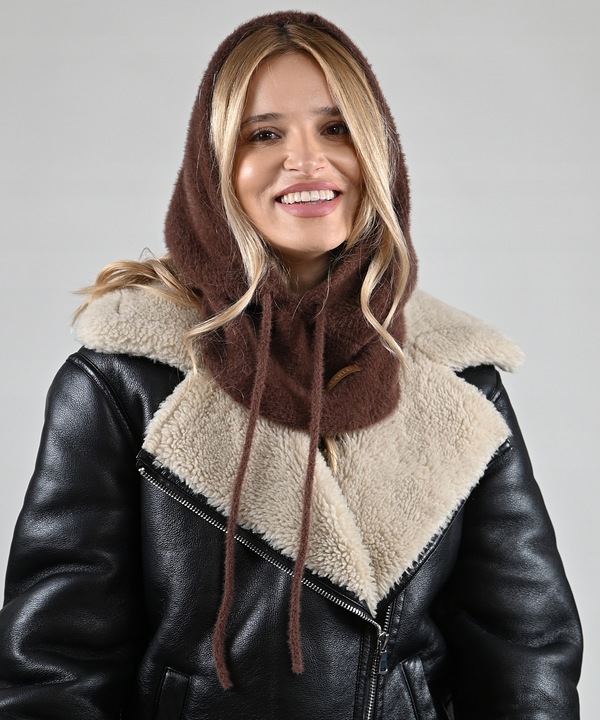 Czekoladowa Kominiarka KAPTUR komin Balaclava Czapka damska miekka zimowa