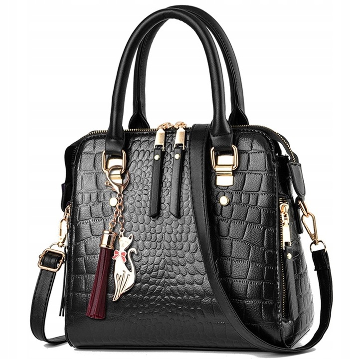 TOREBKA Damska CZARNA EKO Skóra Krokodyla Usztywniana Elegancka Brelok Kot