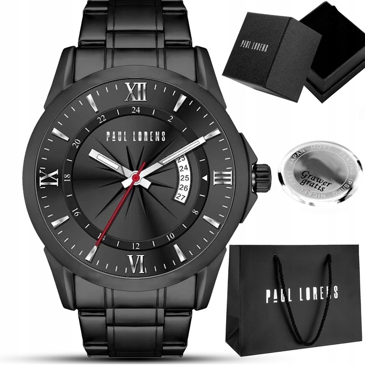 Zegarek męski Paul Lorens TRISTOR z datownikiem - stalowa bransoleta GRAWER