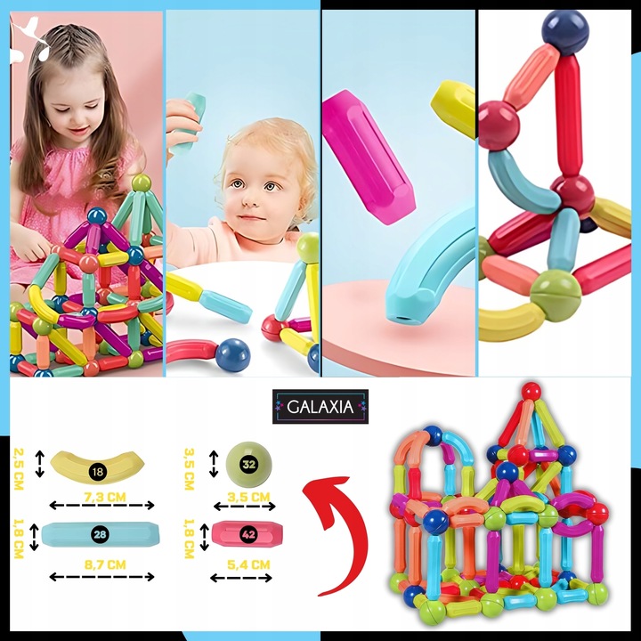 KLOCKI MAGNETYCZNE GALAXIA DUŻE Konstrukcyjne Dla Dzieci 120 el Magnetic