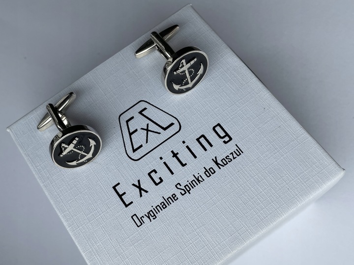 Męskie srebrne spinki do mankietów EXC Kotwica Żeglarskie Czarne Kotwice