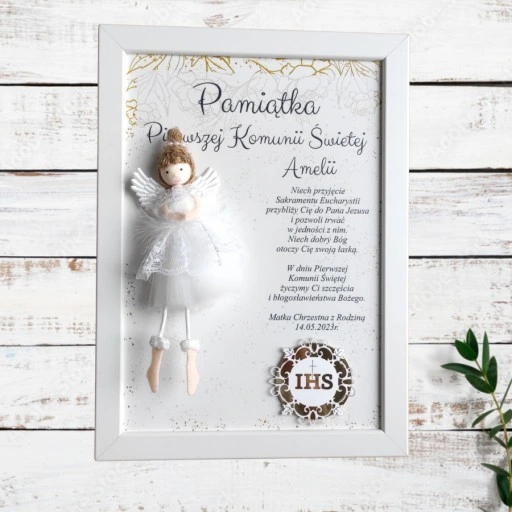 I Komunia Anioł Stróż obraz 3D upominek pamiątka od Chrzestnej Dziadków