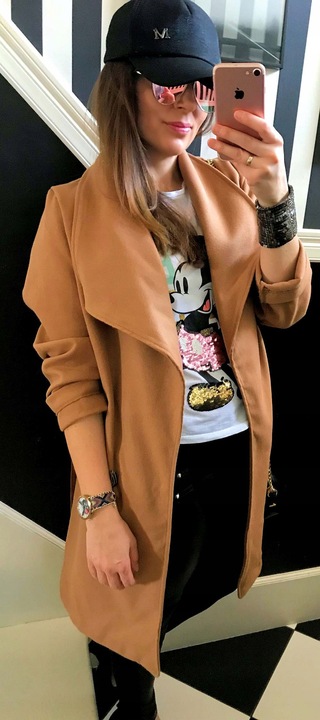 PŁASZCZ blogger KLASYCZNY klapy pasek CZERWONY