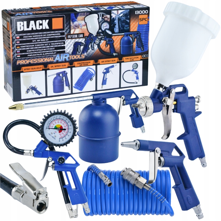 ZESTAW LAKIERNICZY PNEUMATYCZNY DO KOMPRESORA 4 X PISTOLET + WĄŻ 5EL BLACK