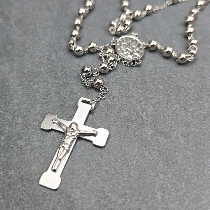 Srebrny Naszyjnik Różaniec z Krzyżem Stal Męski Łańcuszek