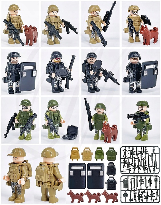 FIGURKI 8057 +BRONIE +TARCZE +PSY wojsko policja klocki ludziki broń pies