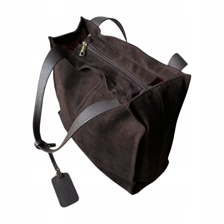 Czekoladowa zamszowa torebka shopper brązowa ZAMSZ NATURALNY Vera Pelle