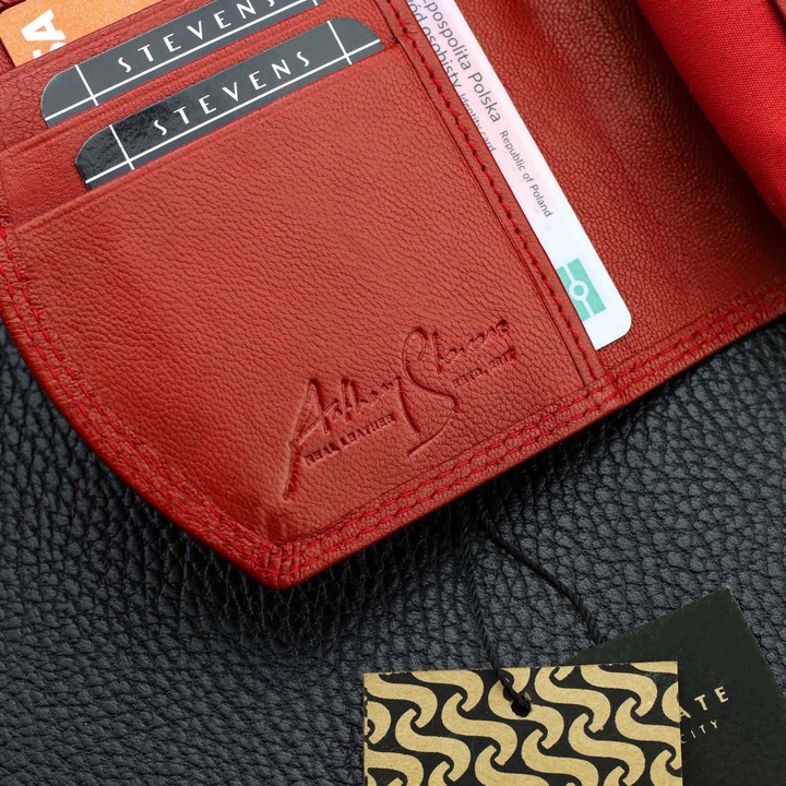 Portfel Damski Skórzany STEVENS Mały Czerwony Zapinany Portmonetka RFID