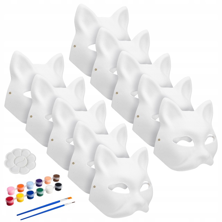 10× DIY PUSTE, RĘCZNIE MALOWANE MASKI MASKA KOT + 2× PĘDZLE + 12× FARBA