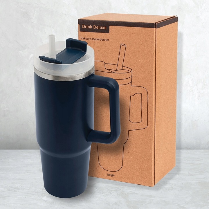 KUBEK TERMICZNY Z UCHWYTEM I SŁOMKĄ 900 ML DO AUTA Szczelny Stal Nierdzewna