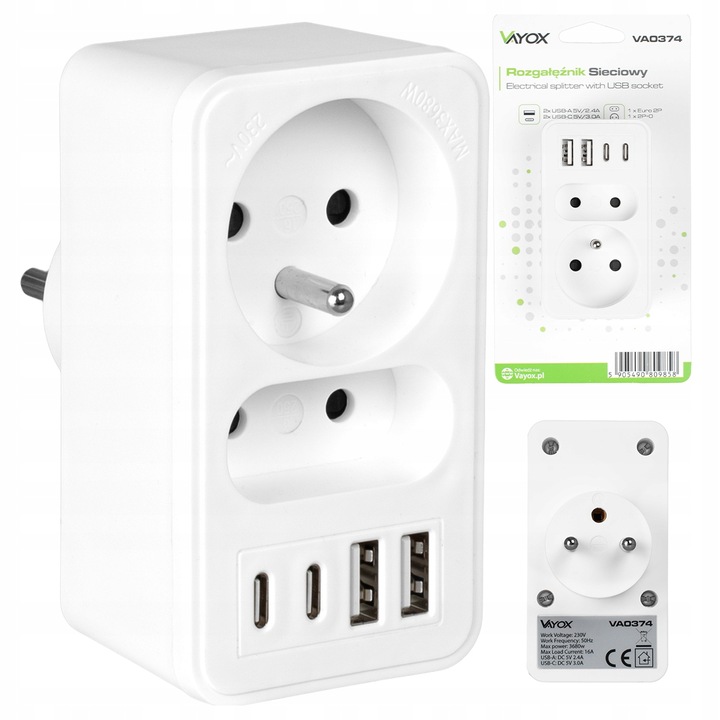 ROZGAŁĘŹNIK ELEKTRYCZNY 2 GNIAZDA ZŁODZIEJKA ŁADOWARKA 2x USB-C 2xUSB VAYOX