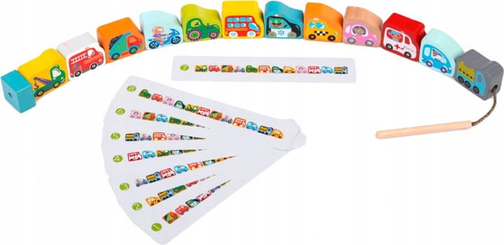 Cubika Drewniane korale klocki do nawlekania Nawlekanka Pojazdy