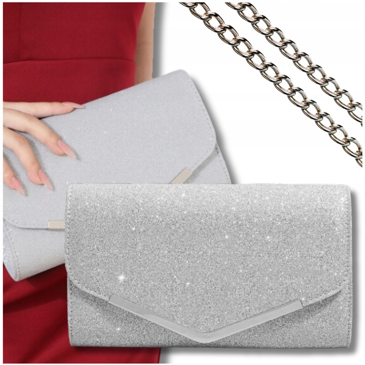 Srebrna Wieczorowa Torebka Kopertówka Błyszcząca na Ślub EFEKTOWNA Wizytowa