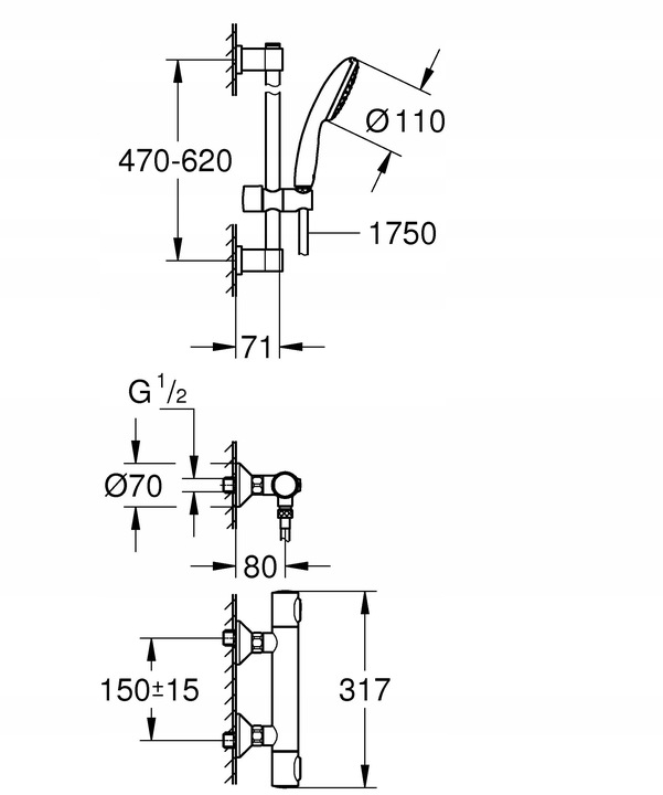 Zestaw prysznicowy GROHE Bateria Termostat Drążek Słuchawka Chrom 34800001