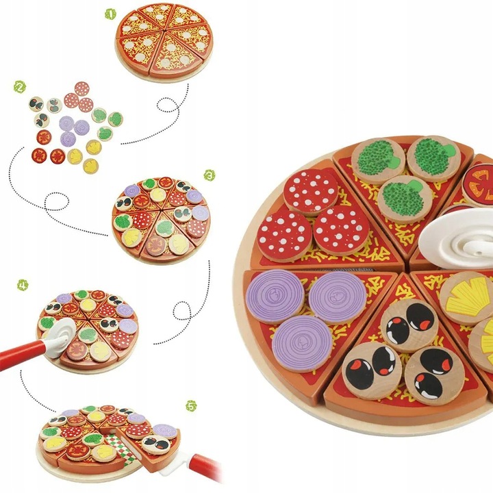 DREWNIANA PIZZA DO KROJENIA UKŁADANKA PIZZY NA RZEP RZEPY AKCESORIA NÓŻ
