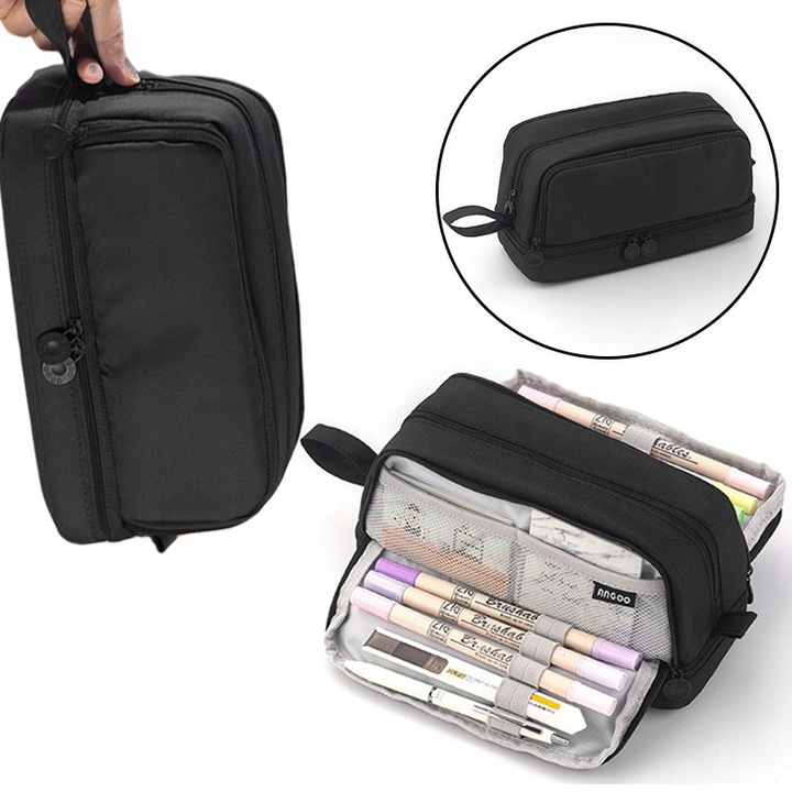 Duża pojemność Piórnik Szkolny Duży i Pojemny Komorowy Czarny 2024 NOWY