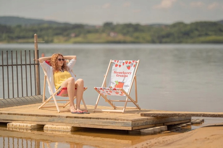 Leżak Drewniany AKWARELA NA CZARNYM Ogrodowy Plażowy Tarasowy Bukowy