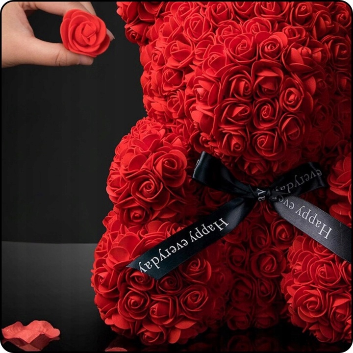 Misiek z Kwiatów Róż ZŁOŻONE PUDEŁKO Prezent na Walentynki MIŚ + Lampki Led