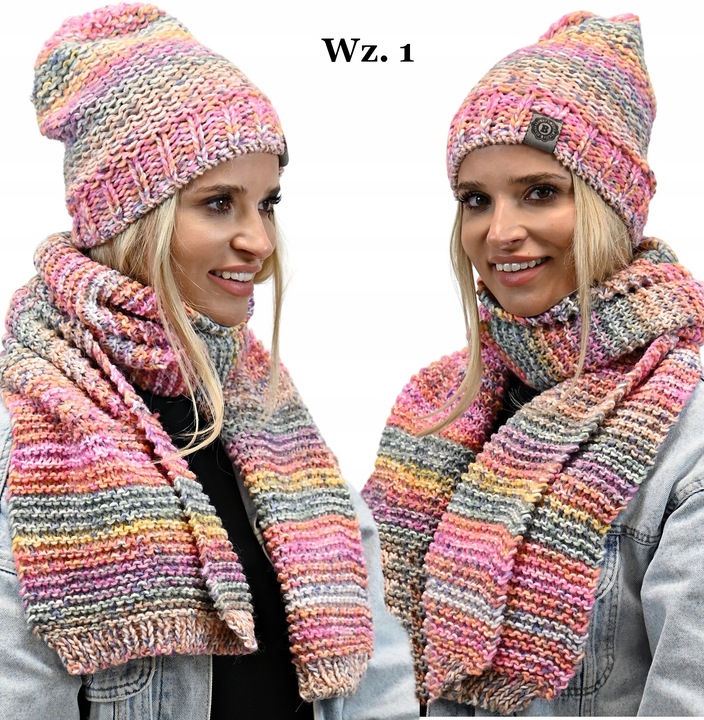 Zimowy Komplet Kolorowy Gruby Czapka Szal Wz1