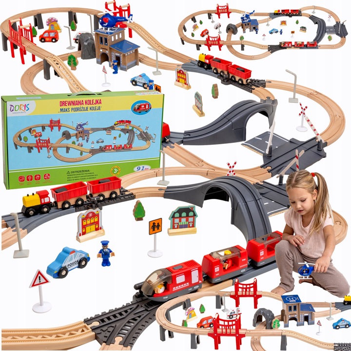 Drewniana Kolejka Elektryczna POCIĄG NA BATERIE x2 WAGONY TUNEL TOR Dźwięk