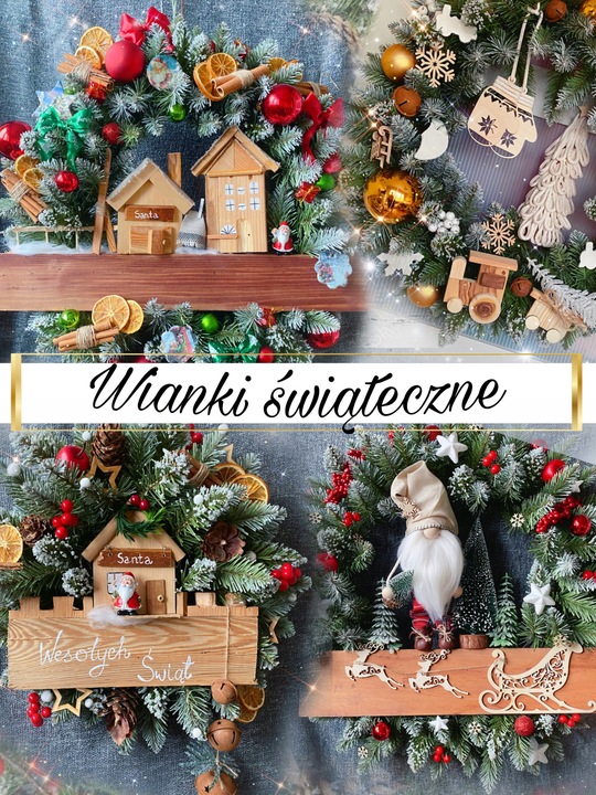 HANDMADE 50 Wianek Mikołaj świąteczny wieniec stroik na drzwi skrzat worek