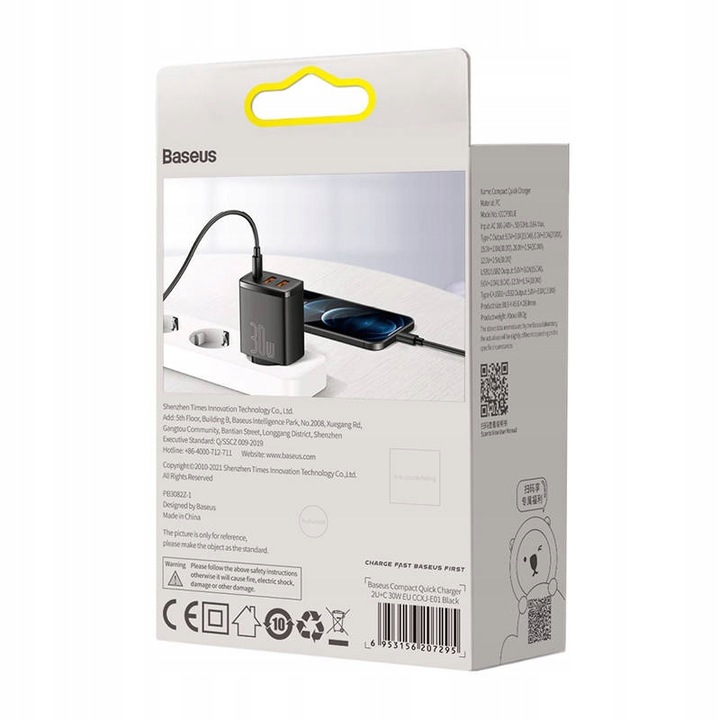 BASEUS SZYBKA ŁADOWARKA SIECIOWA DO TELEFONU USB USB-C TYP-C AFC QC 3.0 30W