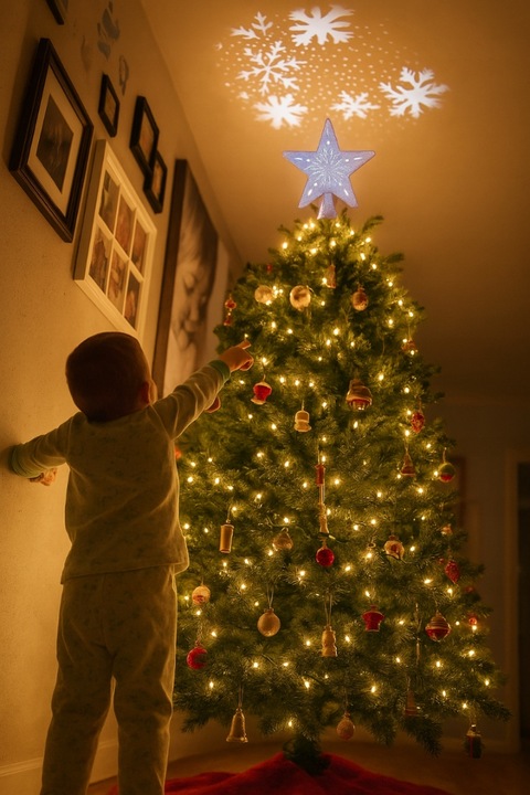 Gwiazda na choinkę LED srebrna brokatowa z projektorem płatki śniegu czubek