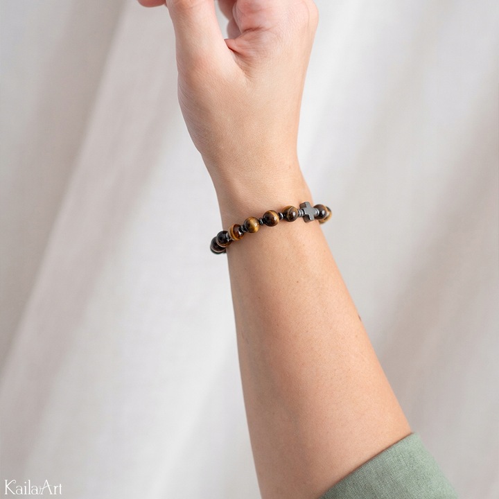 BRANSOLETKA Z KRZYŻEM RÓŻANIEC MĘSKA ŚW. BENEDYKT TYGRYSIE OKO HEMATYT