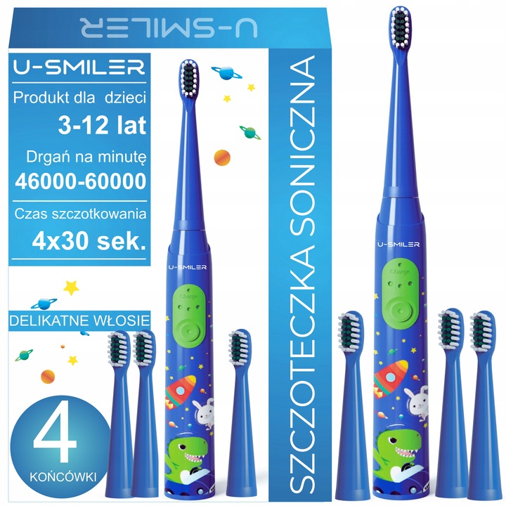 SZCZOTECZKA SONICZNA DLA DZIECI ELEKTRYCZNA DO ZĘBÓW 3 TRYBY 4 KOŃCÓWKI