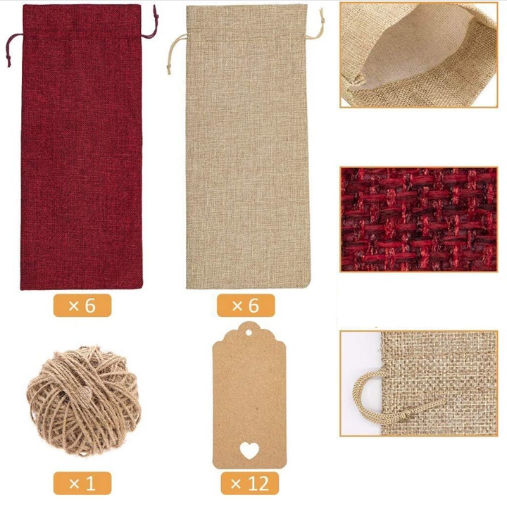 12X WORKI JUTOWE TOREBKI NA WINO POKROWCE NA BUTELKI WINA ZE SZNURKAMI TAGI