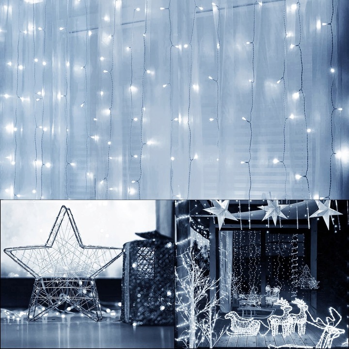 KURTYNA ŚWIETLNA NA BATERIE 300 LED LAMPKI 3x3M 8 FUNKCJI ZIMNE ŚWIATŁO