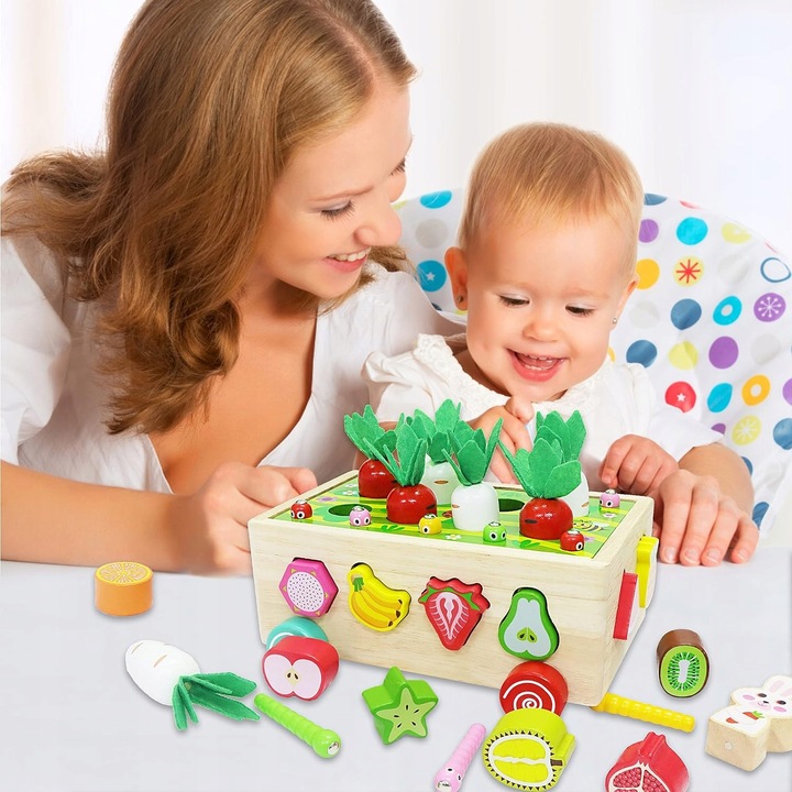 Układanka Montessori Sorter Klocków Złap Robaczka Drewniany Wózek Marchewki