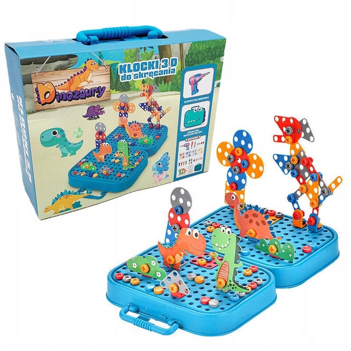Klocki konstrukcyjne w walizce wkrętarka śrubki do skręcania dinozaur