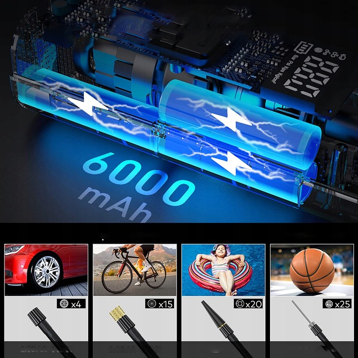 KOMPRESOR SAMOCHODOWY POMPKA DO ROWERU AKUMULATOR 6000 MAH