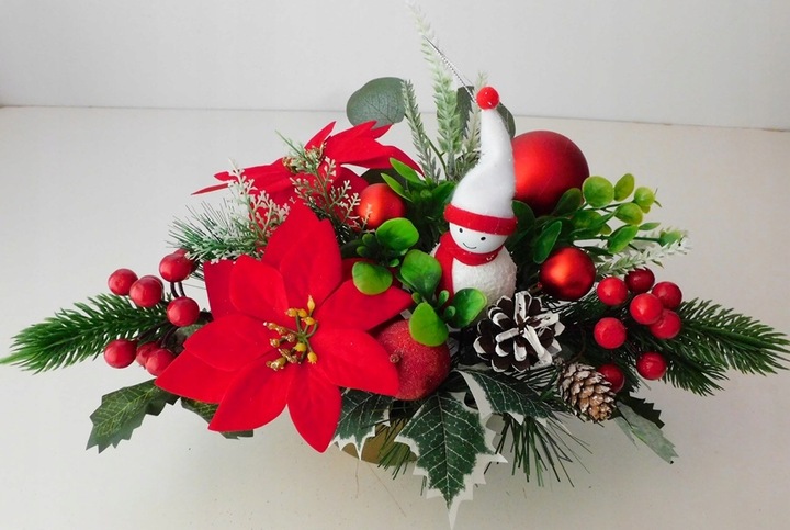 Stroik świąteczny na grób, poinsecja, bałwanek, czerwony