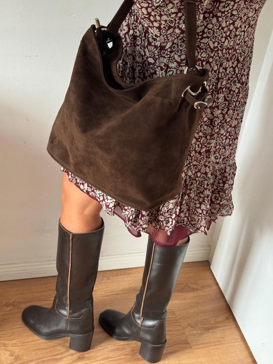 Torba Flora&Co torebka duża worek zamsz zamszowa eco brązowa czekoladowy